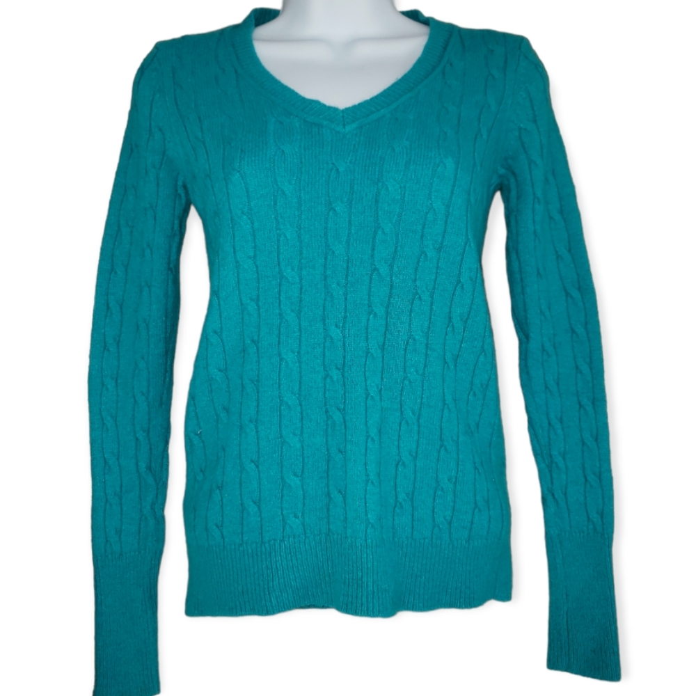 NWOT LOFT blue cable knit wool blend V-neck sweater Womens XSmall